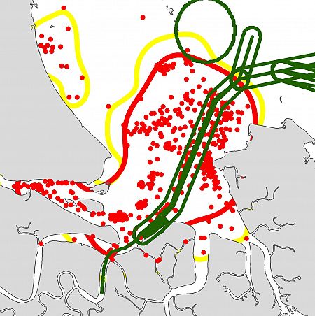 Red dots represent Snubfin dolphin sightings.  Red line  is the outside of the core area.  The green lines are planned industrial development 