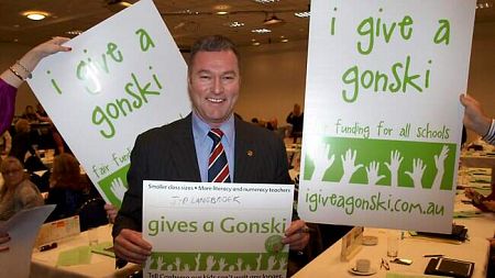 Queensland Education Minister John-Paul Langbroek supposedly giving a Gonski during the 2012 election campaign.