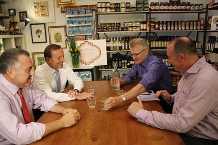Joe Hockey, Tony Abbott, Bill Glasson and a small business owner on the campaign trail in Griffith on the day of #menugate: 28 March 2013.